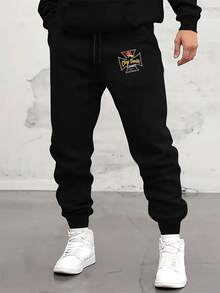 Men's Black Patterned Printed Jogger Pants With Drawstring Waist And Ankle Cuffs - Thick And Warm Winter Trousers, Elastic A Comfortable Fit, Casual Sports Home Pants Suitable Gym And Everyday Wear, Washable (Standard Length), Patterned Printed Ankle-Length Joggers Autumn/Winter, Loose Fit With Bold Graphic Design, Dry Cleanable, Fitness Apparel, Durable Construction, Soft Fabric, An Active Lifestyle - 黑色 - 查看 1