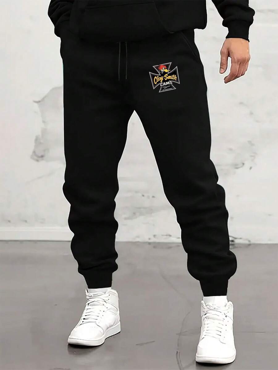 Men's Black Patterned Printed Jogger Pants With Drawstring Waist And Ankle Cuffs - Thick And Warm Winter Trousers, Elastic A Comfortable Fit, Casual Sports Home Pants Suitable Gym And Everyday Wear, Washable (Standard Length), Patterned Printed Ankle-Length Joggers Autumn/Winter, Loose Fit With Bold Graphic Design, Dry Cleanable, Fitness Apparel, Durable Construction, Soft Fabric, An Active Lifestyle - 黑色 - 查看 1