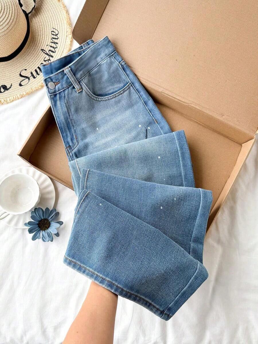 Pantalones vaqueros holgados para mujer color blanco con estampado de lunares negros, pantalones de mezclilla casuales de pierna ancha, pantalones con estampado de lunares, pantalones tiernos y versátiles, ideal para uso diario, salidas, primavera y verano - Azul - Ver 1
