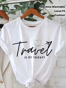 This Black Graphic T-Shirt For Women Features White Lettering And A Heart-Shaped Airplane Design, Offering A Relaxed Fit And Crew Neck, Perfect For A Casual Summer Outfit. It's Breathable, Machine Washable, And Makes A Great Gift From A Fashion Boutique. - White - View 1