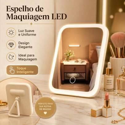 Espelho De Maquiagem LED Linear Recarregável USB Toque Touch 3 Cores De Luz Base Giratória 720°