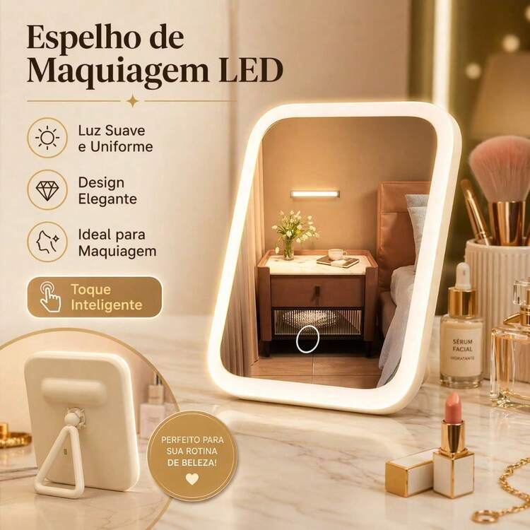 Rechargeable USB Linear LED Makeup Mirror With Touch Control, 3 Light Colors, And 720° Rotating Base. - Blanco - Añade 1