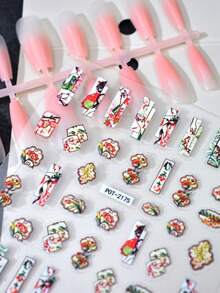1片中国风复古宫廷花卉美甲贴纸，自粘式一次性3D立体美甲贴花，美甲装饰，适合节日、派对和日常美甲 - 彩色 - 查看 3