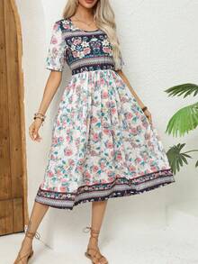 Falda larga de manga corta con cuello redondo para mujer, vestido estampado bohemio, Europa y América, otoño, 2024 - Azul cielo - Ver 1