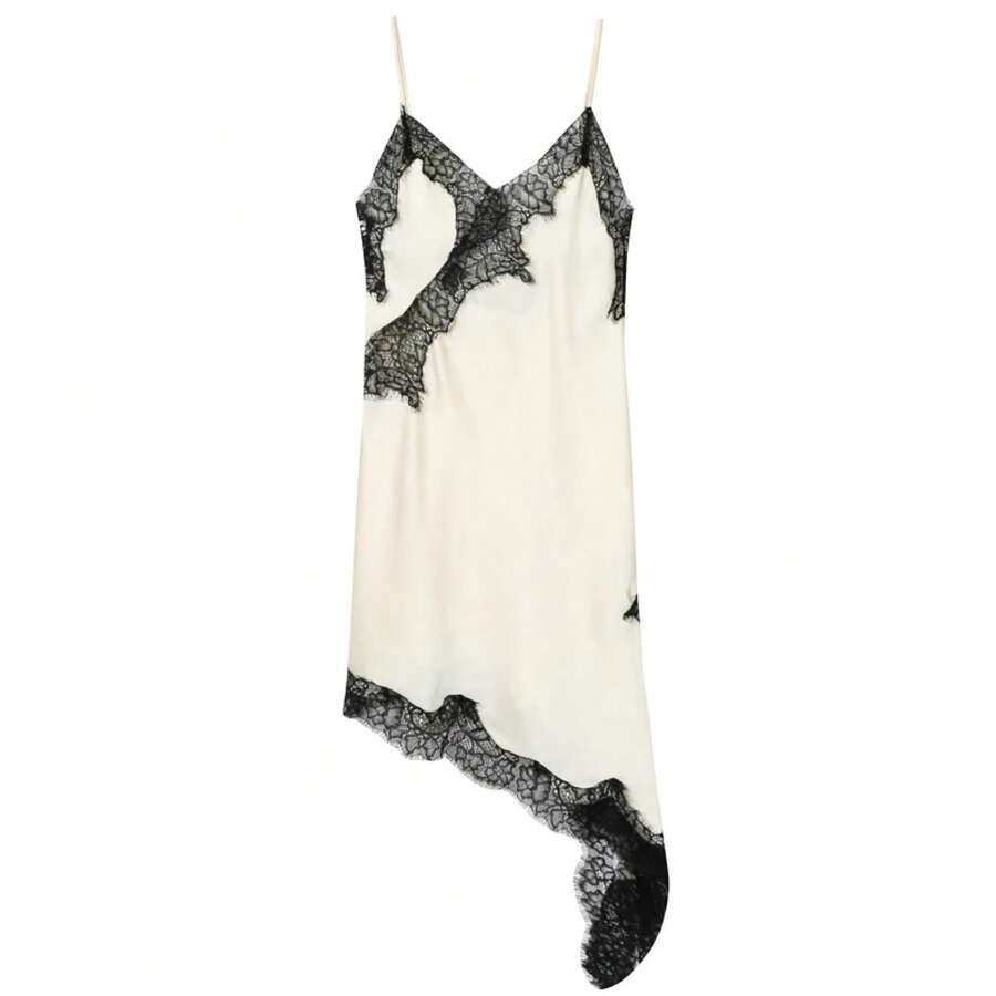 HXAO 2025 Vestido asimétrico de encaje para mujer, Vestido Sexy por debajo de la rodilla, Vestido elegante sin mangas con espalda descubierta, Vestido de fiesta elegante de lujo para mujer - Blanco y Negro - Ver 1
