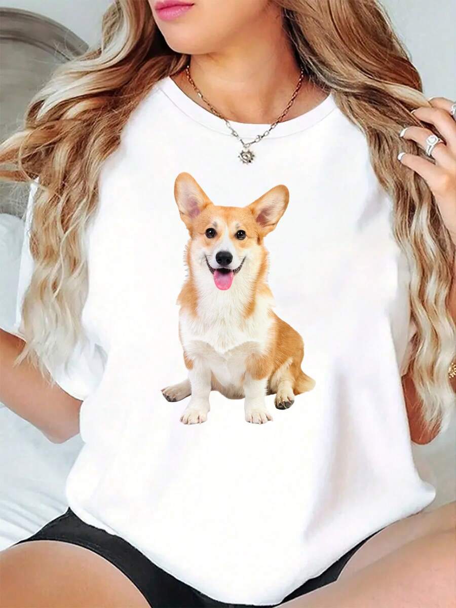 Camiseta deportiva casual para mujer con estampado de corgi adorable
