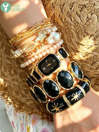 1pc Ocean Theme Beaded Bracelet Stack, Summer Beach Starfish & Pearl Elastic Bracelet Set, Bohemian Resin Watch & Bangle Jewelry For Women