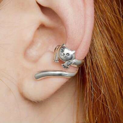 Cute Cat Shaped Retro Ear Clips, Creative Earrings, Suitable For Daily, Party And Holiday Wear, Fashion Jewelry Earrings For Women