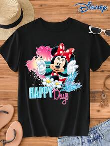 Disney IP授权米妮图案印花短袖T恤，圆领，弹力面料，易护理，适合日常穿着，时尚女式短袖T恤，休闲服饰 - 黑色 - 查看 1