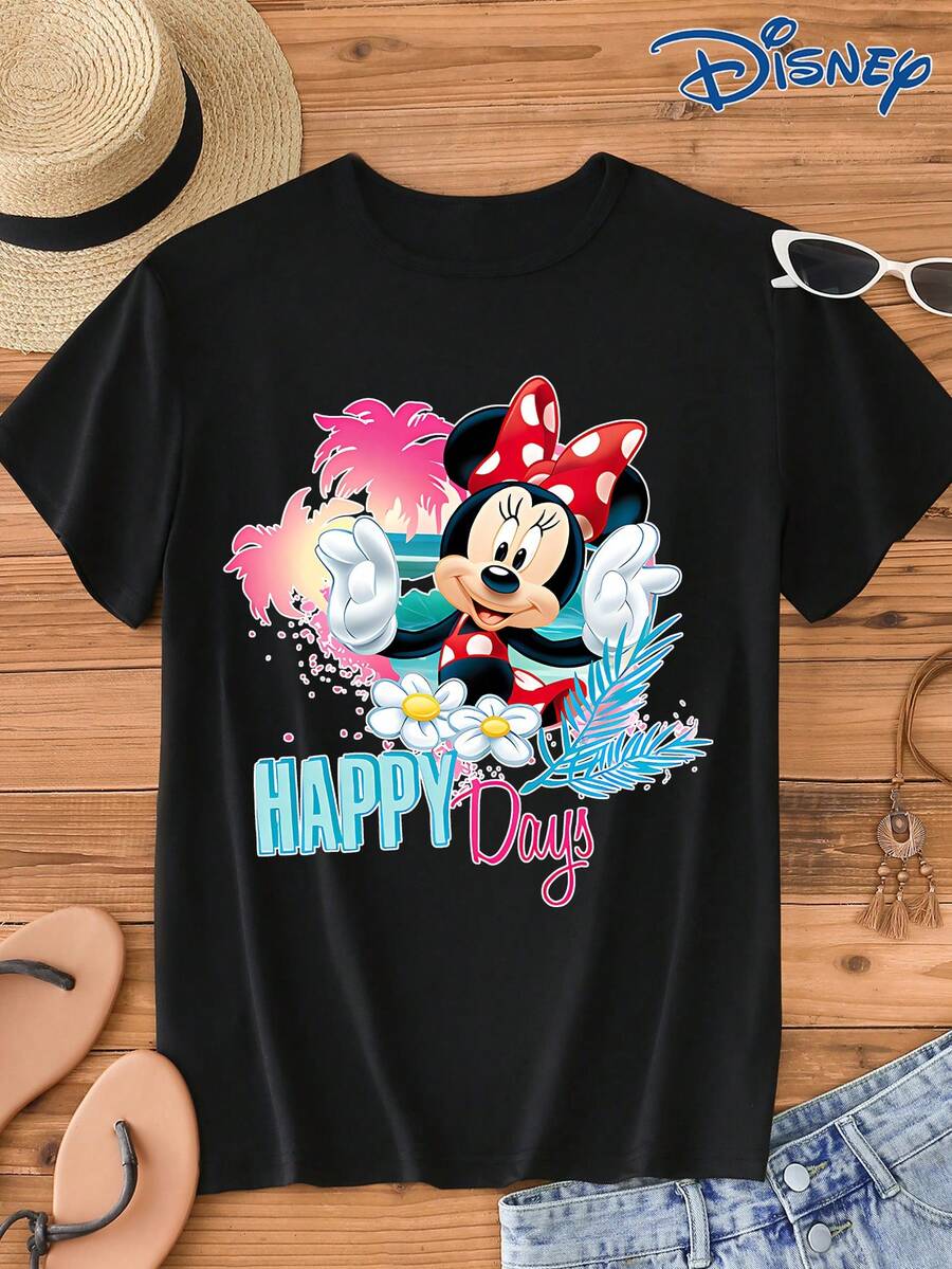 Disney IP授权米妮图案印花短袖T恤,圆领,弹力面料,易护理,适合日常穿着,时尚女式短袖T恤,休闲服饰 - 黑色 - 查看 1