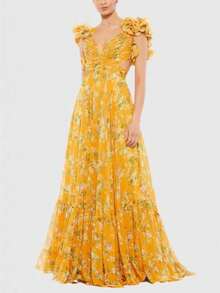 Women's Pleated Chiffon Printed Maxi Dress, INS Style Swing Dress For Vacation Party - Yellow - View 1