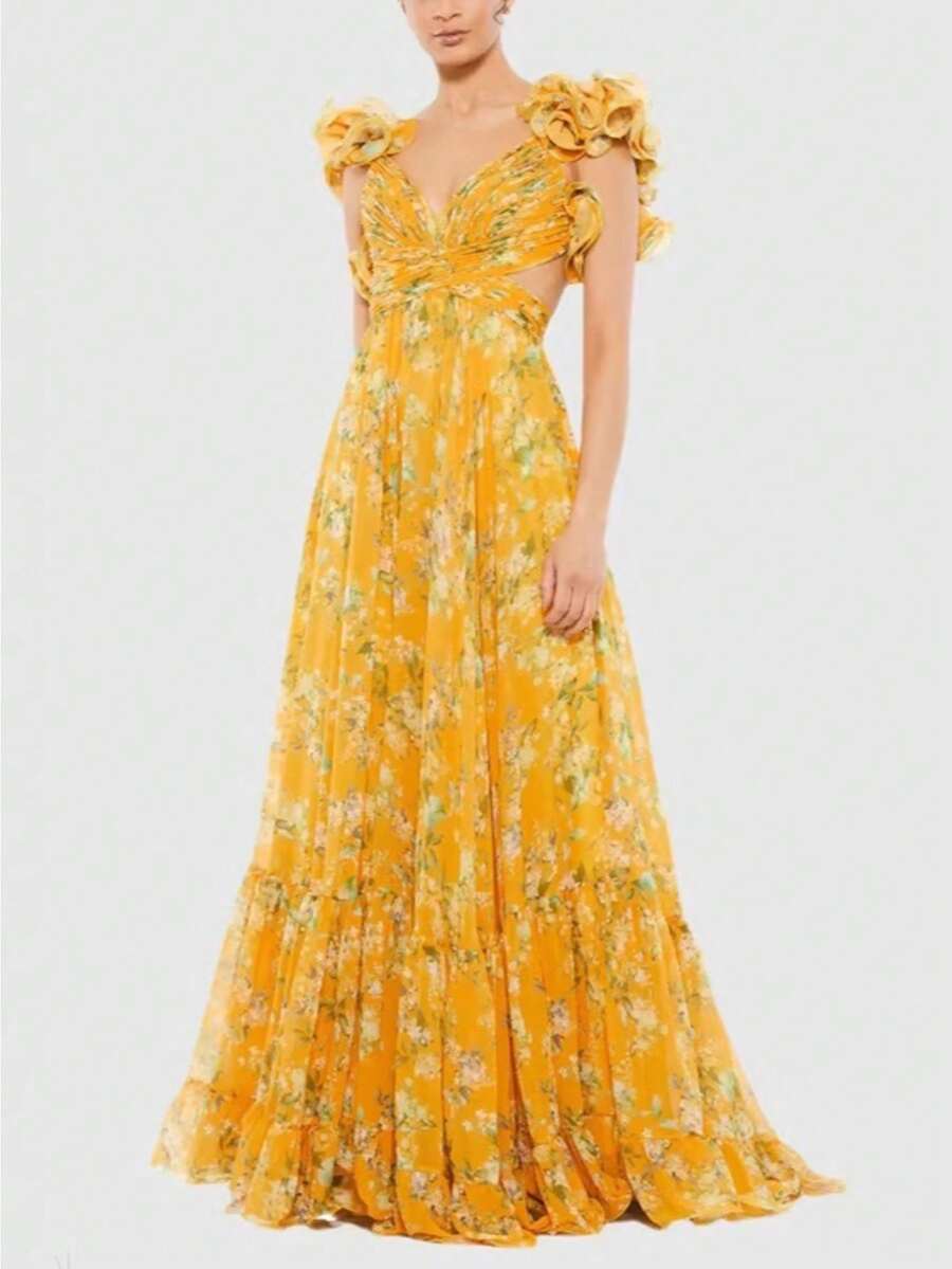 Women's Pleated Chiffon Printed Maxi Dress, INS Style Swing Dress For Vacation Party - Yellow - View 1
