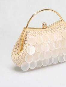 1pc Beige Natural Seashell Bead Slice Decor Tassel Clutch Bag, Handmade Boho Mermaid Shell Slice Lattice Fishnet Tote Bag, Suitable For Daily, Wedding, Party And Travel/Vacation Occasions (Normal Cracks And Defects On Seashell Slices Are Acceptable) - Beige - View 5