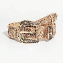1条女士复古奢华雕花金属扣复古金色亮片印花PU皮带 - 古金色亮片版畫 - 查看 6
