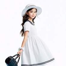 [Vestido azul marino de algodón puro con cuello] Falda de corte A de verano para niñas con lazo, estilo escolar vibrante, vestido holgado y cómodo para la piel, vestido de estudiante, vestido de solapa para niña - Blanquecino - Ver 9
