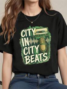 Dam-t-shirt med vintagemusiktryck, högkvalitativt tyg, lös pa-ssform, urban hiphop-stil, bekvämt, konstnärligt tryck. Retro kortärmad t-shirt med roligt bokstavstryck. - Svart - Visa 1