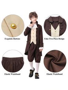 6pcs/Set Children's Franklin Costume Washington Costume Cosplay 18th Century Colonial Costume Party Dress-Up Set - Brown - View 6