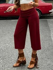 Women Yoga Capri Pants Wide Leg Cropped Pants With Fold Over Waistband For Fitness Workout Light Grey Lounge Pants For Women Elastic Waist 3/4 Length Pants Casual Culottes Trousers For Daily Wear - 酒紅色 - 查看 6