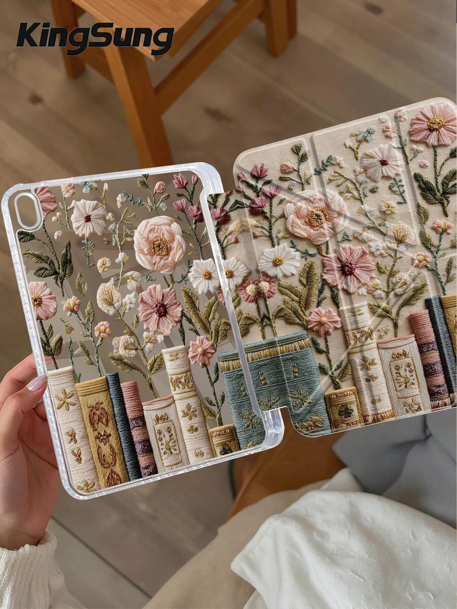 Kingsung Ốp lưng máy tính bảng hình chữ Y gấp gọn hai mặt bằng acrylic trong suốt phun sơn, họa tiết Hoa và Sách, tương thích với máy tính bảng Mini6/7/9.7/10.2/10.5/10.9/12.9/Pro 11, thế hệ thứ 10. Ốp bảo vệ hỗ trợ điều chỉnh đa góc, sáu cách đặt giá đỡ, khe cắm bút tích hợp, mặt lưng trong suốt, chống rơi vỡ, tự động bật/tắt màn hình. Tương thích với Kindle Paperwhite thế hệ thứ 12 năm 2024, Kindle thế hệ thứ 11 năm 2022, Clara Colour.