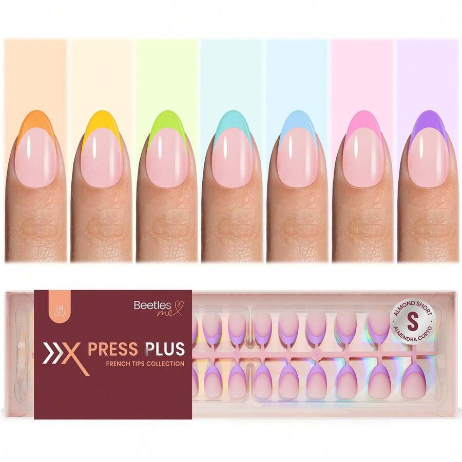 224PCS 7 Colors Beetles Summer Press On Nails, Short Almond Classic French Tip Fake Nails, Rainbow Soft Gel False Nail Tips, DIY Nail Art Manicure Gifts For Women - 7 Colors S Almond-Summer Fruity Tart French - 查看 1