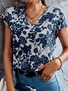 Blusa de manga de murciélago con cuello en V y estampado floral para mujer Camisas - Azul marino - Ver 3