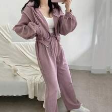 Conjunto de dos piezas de moda para mujer: pantalones rectos sueltos y adelgazantes con cremallera y capucha, ideales para pr... - pantalones azules - Ver 3