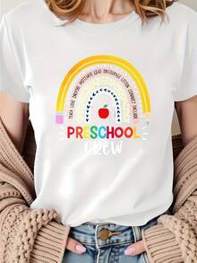 Una camiseta deportiva vibrante con un arcoíris de herramientas de estudio-Top de manga corta para mujer, moderno e casual, con un cómodo cuello redondo, adecuado para todas las estaciones - Blanco - Ver 2
