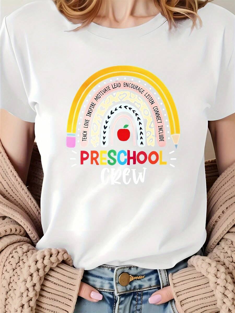 Una camiseta deportiva vibrante con un arcoíris de herramientas de estudio-Top de manga corta para mujer, moderno e casual, con un cómodo cuello redondo, adecuado para todas las estaciones