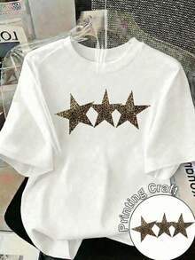 Camiseta Blanca Casual para Mujer con Estampado de Leopardo y Estrellas, Manga Corta, Cuello Redondo, Top de Poliéster para Estilo Urbano - Blanco - Ver 1