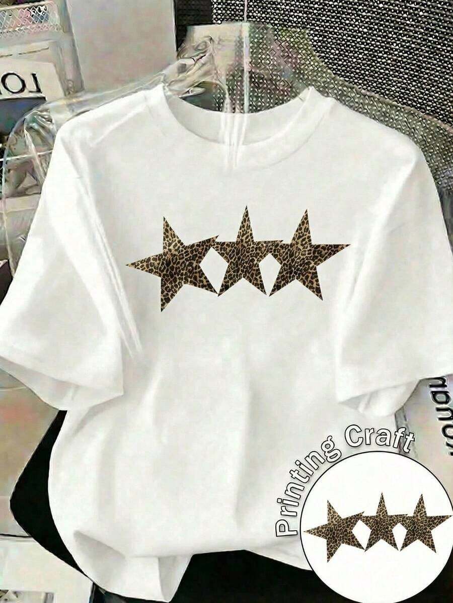 Camiseta Blanca Casual para Mujer con Estampado de Leopardo y Estrellas, Manga Corta, Cuello Redondo, Top de Poliéster para Estilo Urbano - Blanco - Ver 1