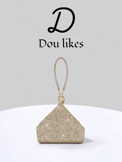 Dou Likes Rhinestone Triangle Bag. Featuring A Distinctive Triangular Silhouette, The Bag Is Sleek And Unique With High Recognizability. The Entire Body Is Covered In Sparkling Material, Paired With A Matching Rhinestone-Studded Handle And Wrist Strap That Shines Brilliantly Under Light. This Bag Is Perfect For Formal Occasions Like Evening Galas, Weddings, Birthday Parties, As Well As Daily Outfits And Photoshoots, Effortlessly Becoming The Center Of Attention.