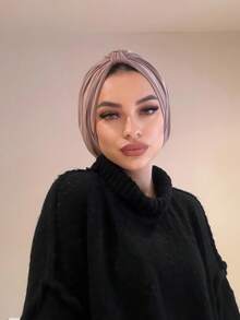 1pc Women's Classic Solid Color Chemo Turban, High Elasticity Pleated Design, Anti-Slip Breathable Headwrap, Multilayer Pleated Style For Hijab Pairing, Soft Comfortable Modal Knit Fabric, Suitable For Daily Wear,Travel Essential,Beach Towel - Light Khaki - View 3