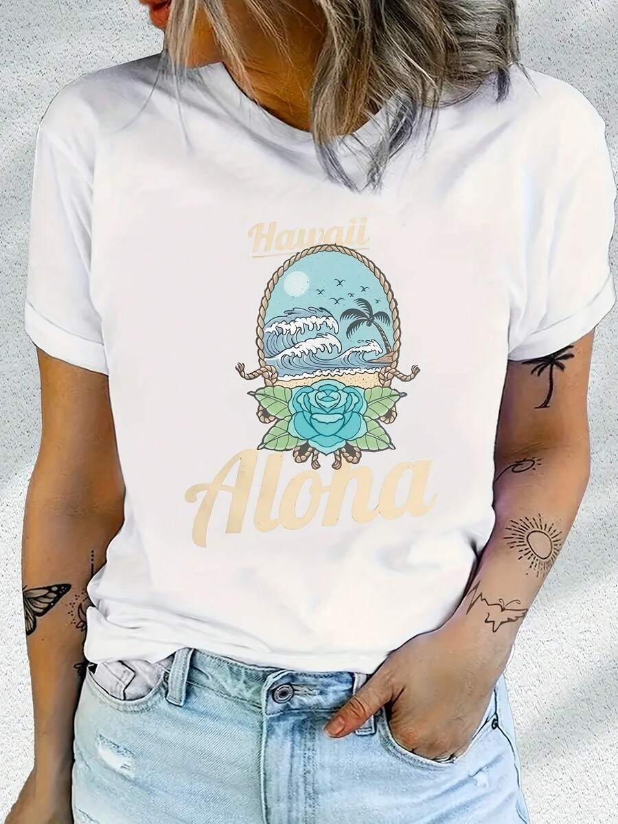 266 Tropical Seascape Beauty Dance Hot Cherry Fruit Color Letter Pattern Cartoon Creative Print | Short Sleeve Summer Round Neck T-Shirt Women's Versatile Top - White - View 1