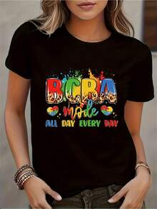 Wo BCBA Mode Graphic T-Shirt - Manga corta, cuello tripulación | Top de verano casual con diseño colorido de conciencia del autismo, negro, ajuste cómodo | Camisa de tipografía, longitud regular, tela elástica ligera - Negro - Ver 2