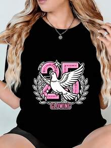 Women's T-Shirt Printed With A Bright Pink 25 White Dove Laurel Wreath Design. Machine Washable Black T-Shirt, Suitable For Men And Women, Breathable And Comfortable, A Great Gift For Anniversaries And Holidays. - 黑色 - 查看 1