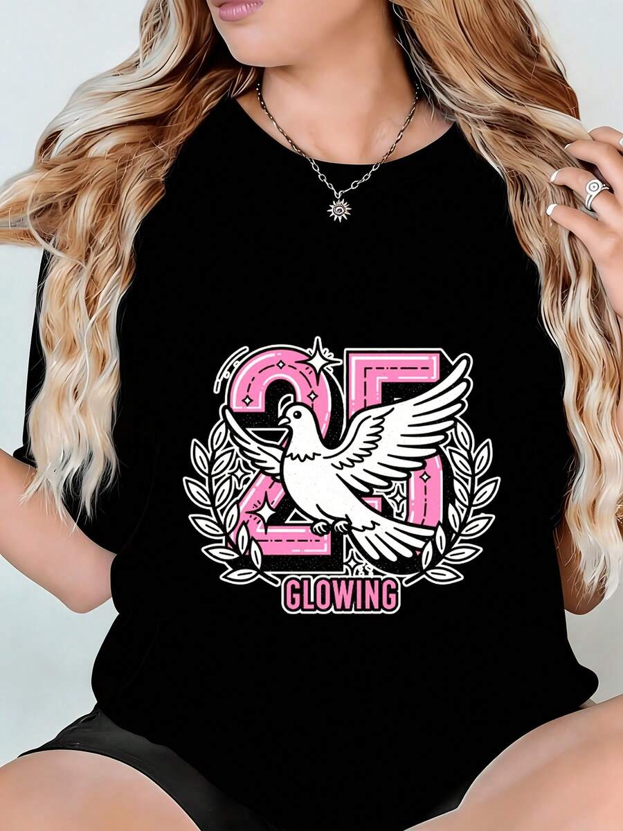 Women's T-Shirt Printed With A Bright Pink 25 White Dove Laurel Wreath Design. Machine Washable Black T-Shirt, Suitable For Men And Women, Breathable And Comfortable, A Great Gift For Anniversaries And Holidays. - 黑色 - 查看 1