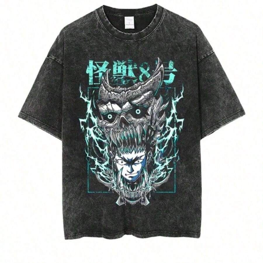 Kaiju No8 Washed Vintage Short Sleeved Round Neck Y2k Tshirt Men Clothing New In Top Tees Mens T-Shirt Camisetas 61378 - màu đen - Xem 1