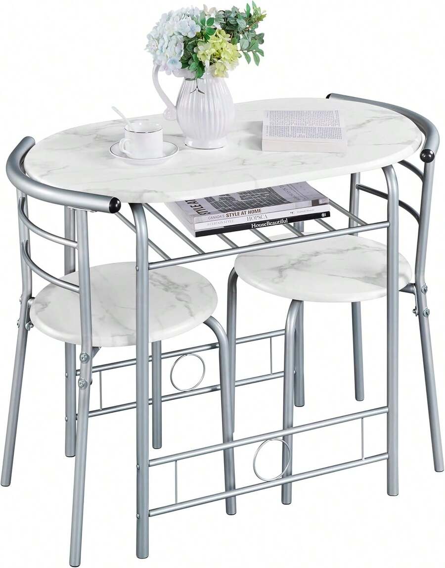 Modern 3 Piece Dining Table Chairs Set For Small Space Kitchen Breakfast Nook With Steel Legs Storage White Compact Dining Furniture - White - View 1