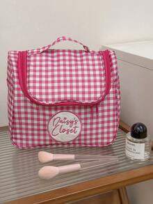 Bolsa de cosméticos grande de capacidad con bordado a cuadros rosas y blancos, organizador de artículos de tocador para viajes - Multicolor - Ver 5