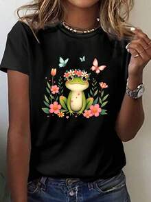 Sapa caprichosa con flores imprimir camiseta, manga corta cuello de tripulación top casual para verano y primavera, ropa de mujer - Negro - Ver 2