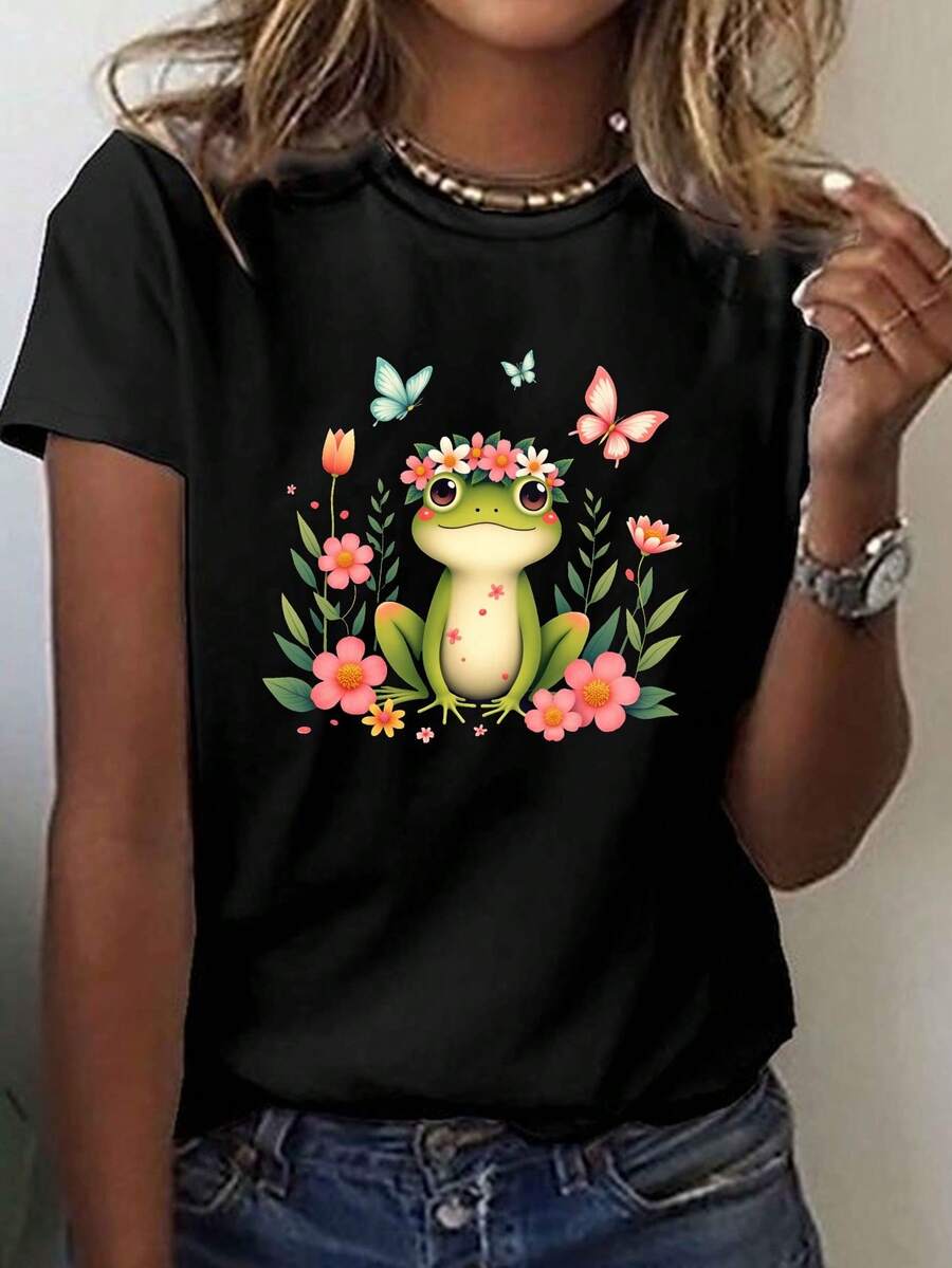 Sapa caprichosa con flores imprimir camiseta, manga corta cuello de tripulación top casual para verano y primavera, ropa de mujer