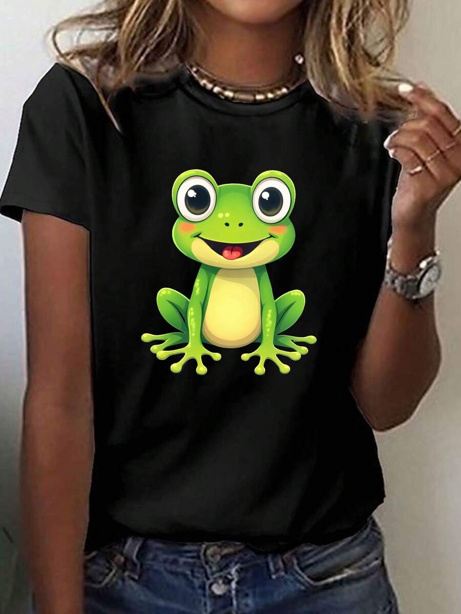 Una camiseta casual de manga corta con cuello de tripulación con estampado de rana en estilo de dibujos animados, perfecta para primavera y verano, diseñada para mujeres