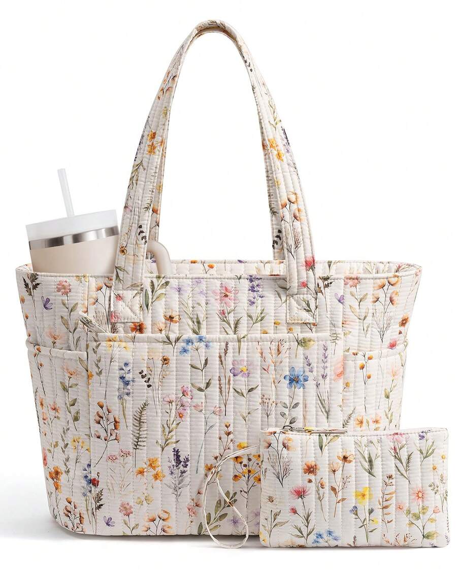 Puffer Tote Bag For Women, Quilted Cotton Laptop Work Tote Shoulder Bag For College School, Teacher, Nurse, Travel | Top Full-Zip Closure, Lightweight, Puffy, With Cosmetic Bag, 40 OZ Tumbler Holder, 14" Computer Bag, Ideal Gift For Women, Wild Flower - Hoa dại - Xem 1
