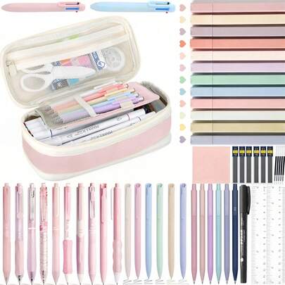 52pcs Fashion Student Stationery Set, Includes Checkered Pattern Pencil Box, 12 Highlighters, 10 Black Ballpoint Pens, Cute Mini Black & Pink Ballpoint Pens, 0.5mm Fine-Tip Refills, 6 Mechanical Pencils, Sticky Notes. A Complete Stationery Set Designed For Students, Teens And Adults, Essential Back-To-School Supplies.