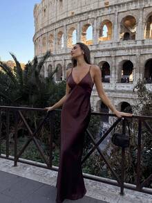 Elegant Sleeveless Deep V-Neck Long Bridesmaid Dress, Backless Zipper Design, Woven Fabric With Slight Stretch Wedding Spring - Brown Purple - View 5