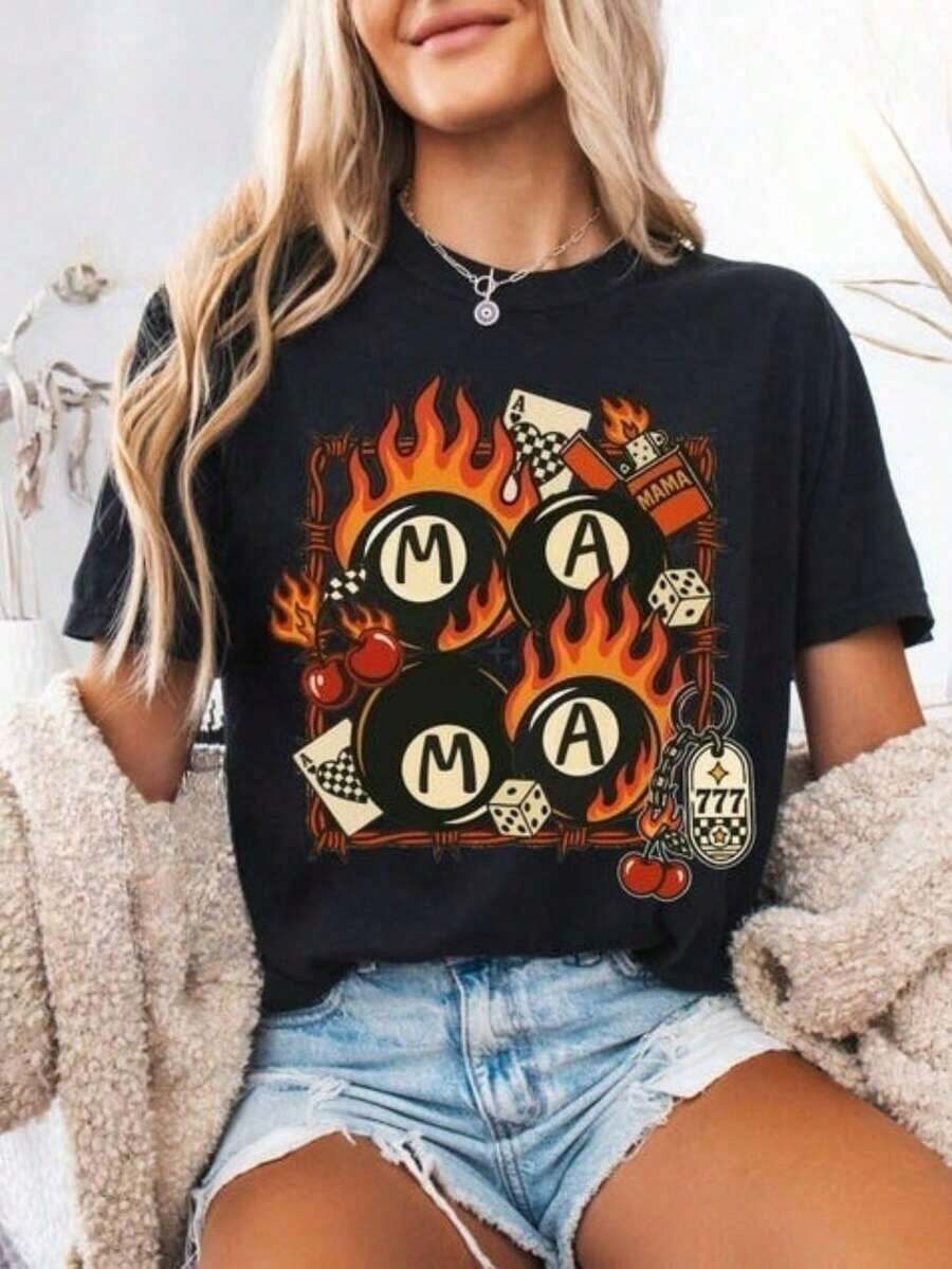Women's Black Cotton Round Neck Short Sleeve Regular Length Casual T-Shirt with Mama Print, perfect for Fall Festival Outfits - Negro - Ver 1