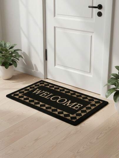 1pc Plaid "Welcome" Text Print Polyester Fiber Doormat, Suitable For Bathroom/Laundry Room/Balcony/Office, Perfect Home And Room Decor