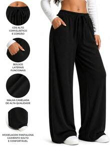 Women's Ribbed Wide-Leg Pants, High Waist, With Drawstring, Comfortable And Casual, Sizes P To G2 Plus Size - Off White - View 2
