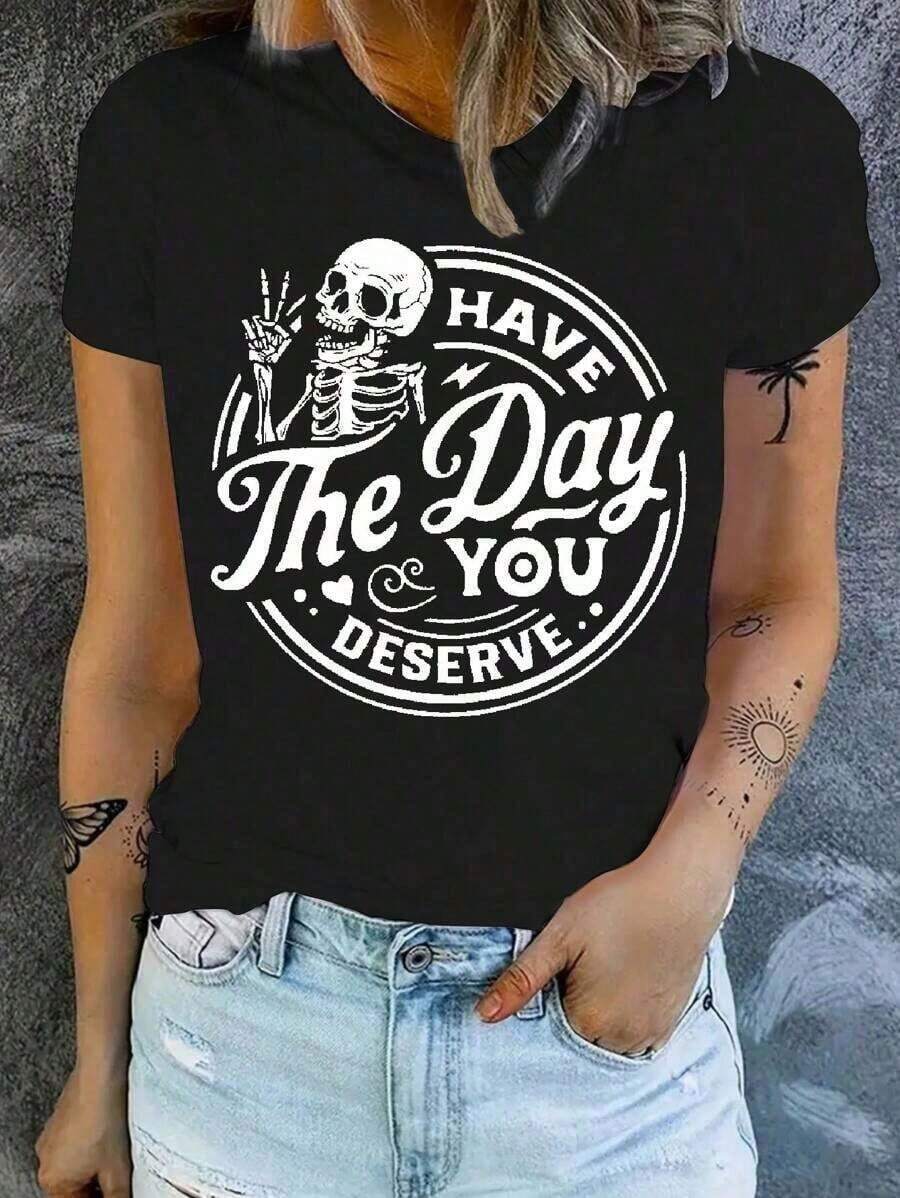 Women's Blouses CHICLY19 Cotton T-Shirt With Peace Symbol And Skeleton Print, Casual Short-Sleeved Crew Neck T-Shirt For Women, Printed With The Positive Phrase "Have The Day You Deserve", Loose Aesthetic In Dark Heather Gray, Fun, Gothic And Inspirational Cotton T-Shirt, Streetwear Style. Suitable For Spring, Summer And Autumn. - 黑色 - 查看 1