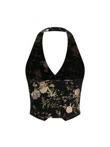 Moda mujer cuello colgante botón corto chaleco Top mujer Sexy figura delgada sin mangas camiseta sin mangas verano mejor elección - Negro - Ver 2
